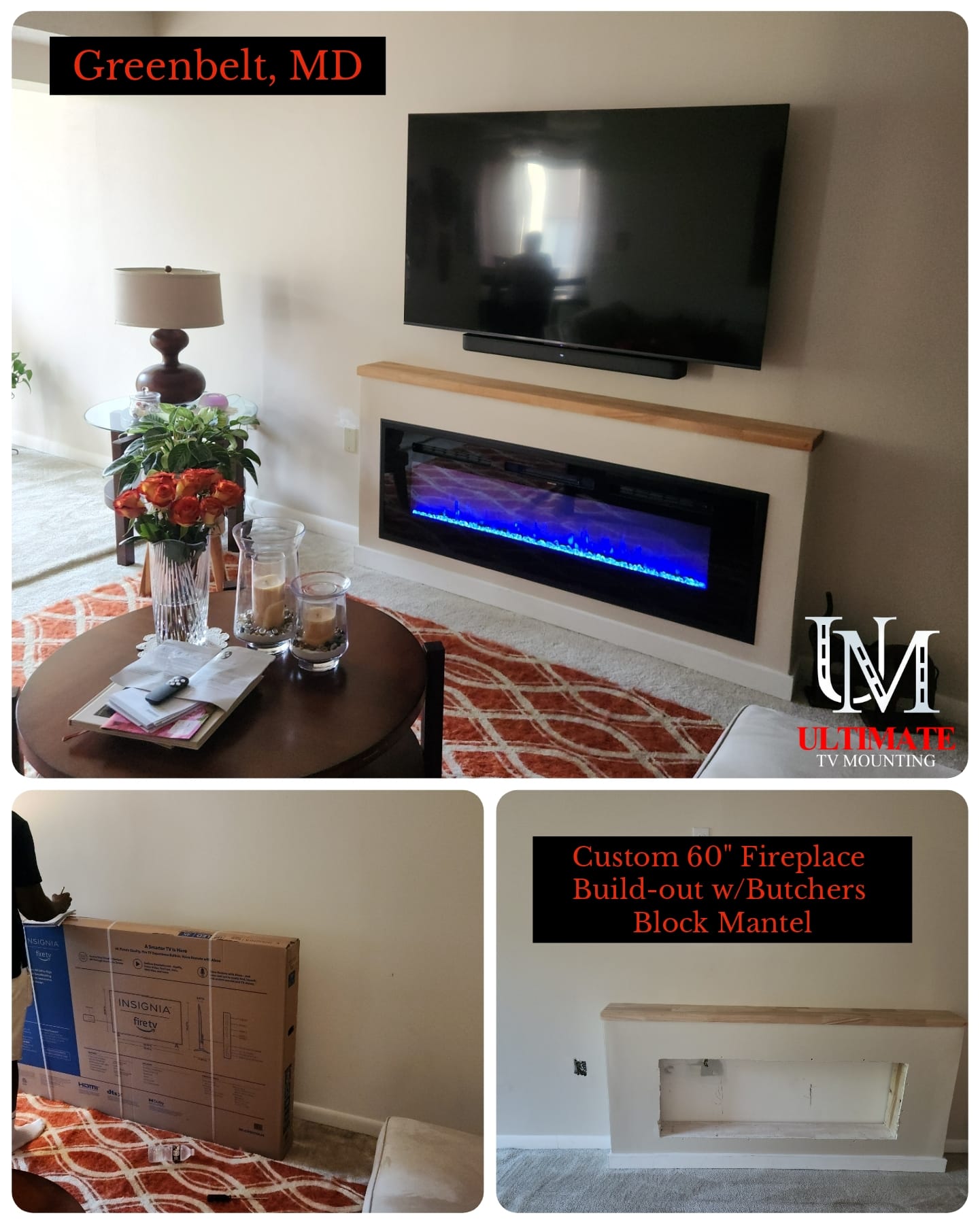 Half wall fireplace build-out with butcher block mantel and mounted TV above.