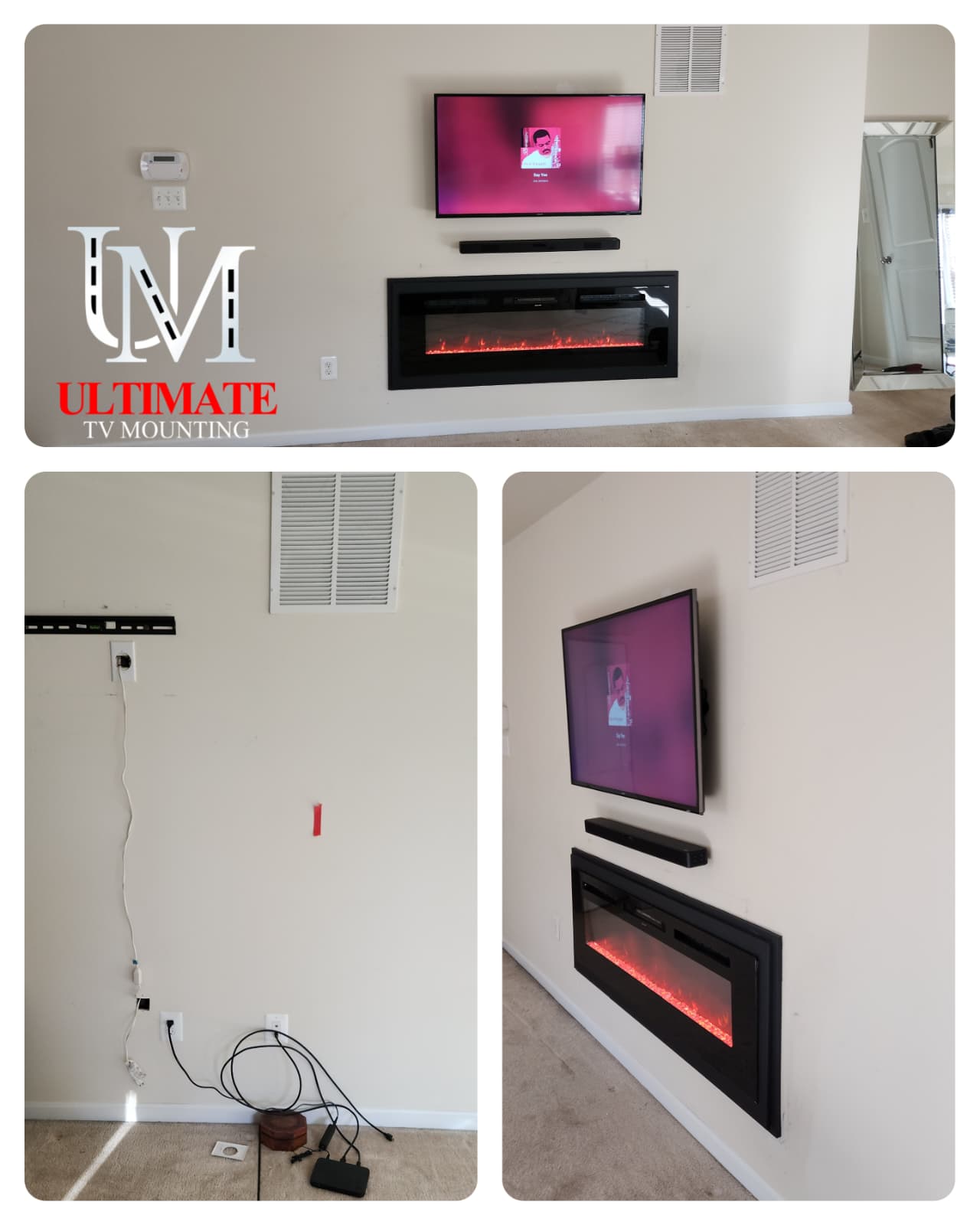 Recessed electric fireplace with flush-mounted TV and floating soundbar in modern living room.