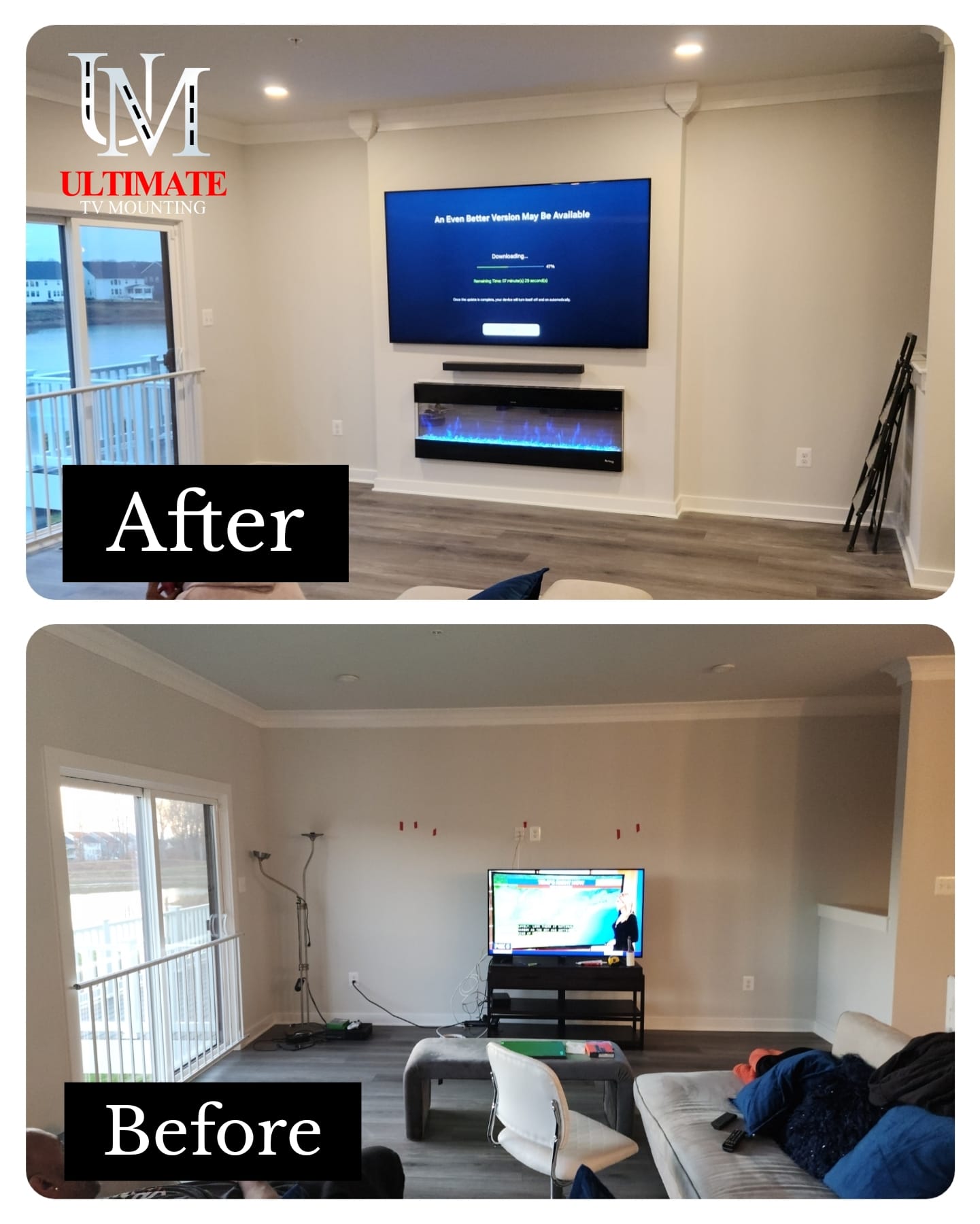 Full wall build-out with electric fireplace, mounted TV, floating soundbar, and hidden wiring.